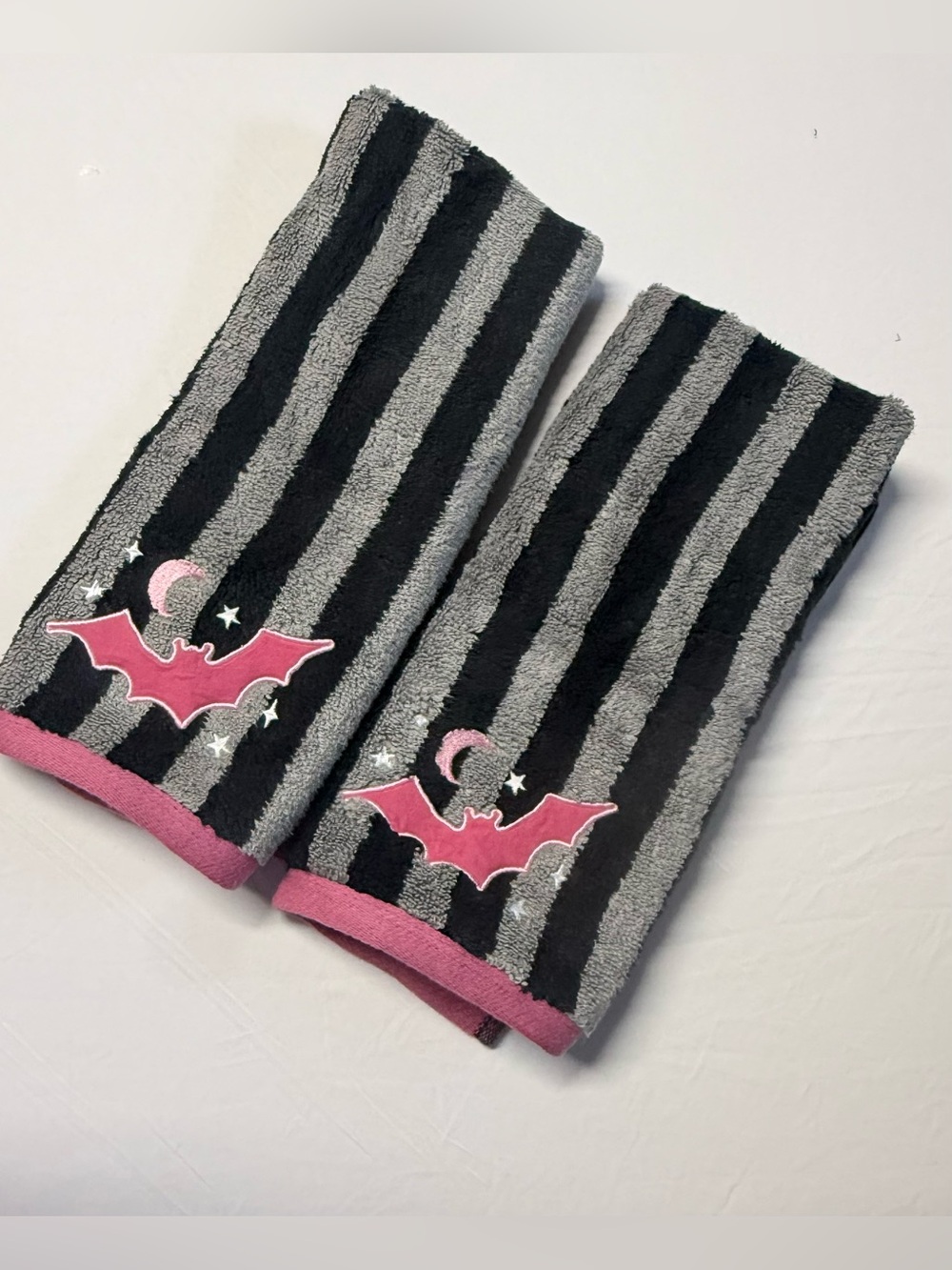 Betsey Johnson Black, Gray & Pink Striped Hand Towels with Pink Bat Motif